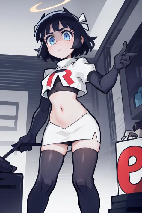 masterpiece, best quality,azazel with halo and blue eyes and black hair,team rocket,team rocket uniform,white skirt,red letter R,crop top,black thigh-highs,black elbow gloves, comic strip