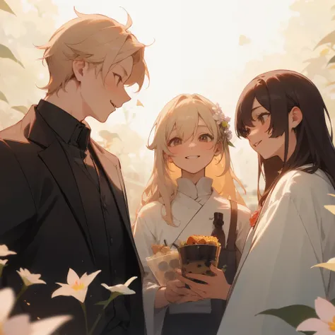 Upper body, middle view,3 people, 2 girls, 1 boy, friends, light hair,long hair, chatting, flowers, boba, snacks, happy smile