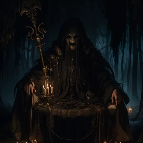 retrato close up of a creepy looking bruxa with a staff sitting in a throne, criatura em uma floresta sombria, retrato assustador em uma floresta, trono maia perdido na selva, Horror fantasy art, sorriso maligno e olhos pretos, ( ( ( Horror art ) ) ), sorr...