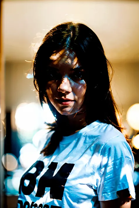 A medium shot of a white woman wearing a T-shirt, captured with a Nikon D850 and a Nikon AF-S NIKKOR 70-200mm f/2.8E FL ED VR lens, lit with high-key lighting to create a soft and ethereal feel, with a shallow depth of field --ar 2:3