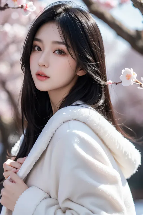 An 18-year-old Chinese beauty，winter，sexy，long black hair，Color flows across her face，chest，a ray of light，Warm winter clothes，student，Plum blossom background，Eye light