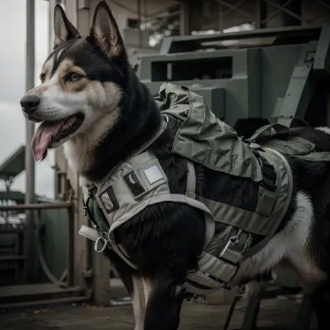 Hermoso perro siberiano, en blanco y negro, Llevando un chaleco antibalas gris verdoso con grises., Standing outside an Asian military base., Realista, 4k, ultra detallado image, Realista, muy detallado, perfect composition, gorgeous, Intrincadamente detal...