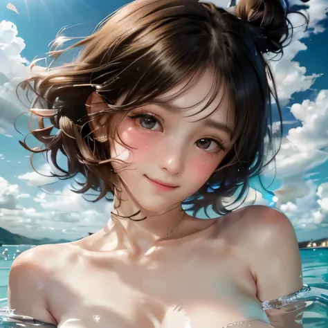 (8K, highest quality, masterpiece:1.2), (software:1.3), (realistic, photo-realistic:1.37), super detailed, 1 girl,cute, alone,beautiful and detailed sky,Detailed cafe,legs spread、date,(blush your nose),(smile:1.1),(closed mouth) huge breasts,beautiful and ...