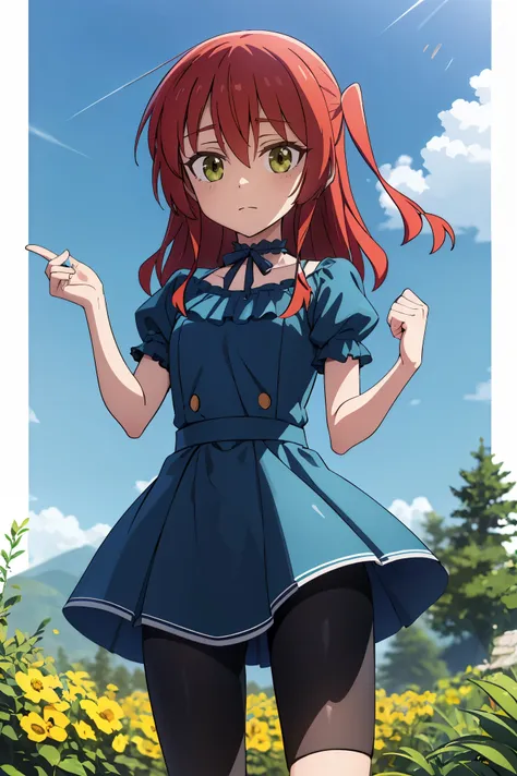 1 girl, ikuyo kita, bangs, red hair, long hair, one side up hair, green eyes, open eyes, blue dress, puffy sleeves, short sleeve...