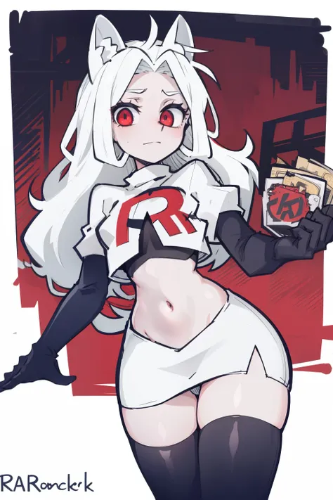 masterpiece, best quality,cerberus the dog girl with trio,red eyes, white hair,team rocket,team rocket uniform,white skirt,red letter R,crop top,black thigh-highs,black elbow gloves, comic strip