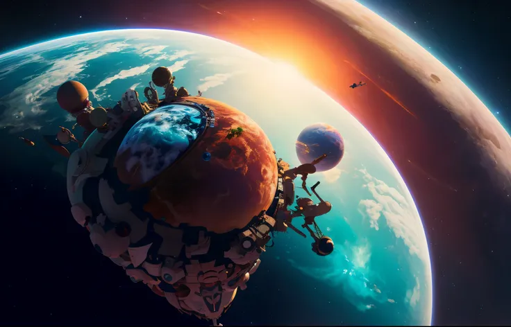 spaceship flying over a planet with a bunch of people on it, destroyed planet, cyril rolando and goro fujita, inspired by Cyril Rolando, planets crashing, 3 d render beeple, in style of cyril rolando, planet landscape, sunset on distant machine planet, by ...