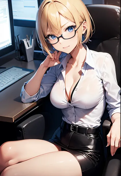 High resolution, 2D anime style,blue eyes beautiful eyes,high and beautiful nose,Skinny face,boyish blonde short hair,Short up-hair,cool woman,beautiful clock,Chest is slightly larger,she looks very serious,biting one&#39;s lips, she was laughing so much, ...