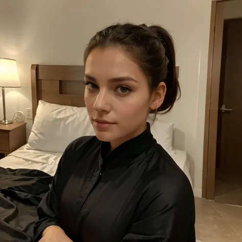 The most beautiful brunette in the world, men instantly fall in love with her, She is 25 years old, ponytail hairstyle, in a beautiful black robe, on the bed , the look is half-closed with pleasure, wants sex, Looks into the eyes