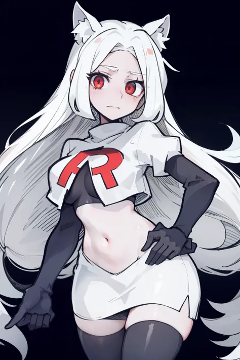 masterpiece, best quality,cerberus the dog girl with trio,red eyes, white hair,team rocket,team rocket uniform,white skirt,red letter R,crop top,black thigh-highs,black elbow gloves, comic strip