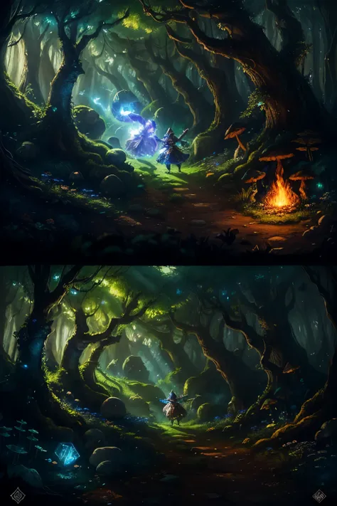 In the heart of a mystical forest, legendary heroes from role-playing games engage in an epic battle against colossal and ferocious mushrooms. The air crackles with electrifying energy, as the heroes clash swords with the fungal beasts. Poisonous gas wafts...