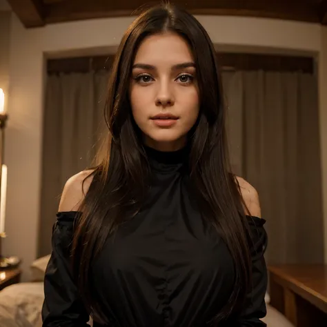 The most beautiful brunette in the world, men instantly fall in love with her, She is 25 years old, straight long hair, in a beautiful black dress , the look is half-closed with pleasure, wants sex, Looks into the eyes