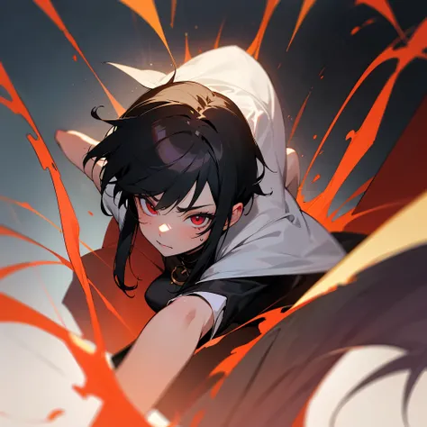 Boy with black hair, red eyes with blood