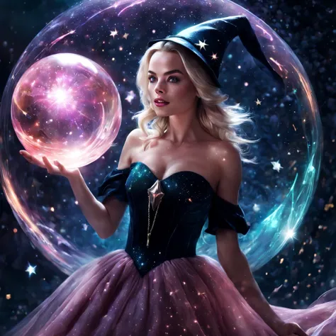 melhor qualidade, high resolution, 1 garota, duende, witch&#39;s hat, (Margot Robbie), Vestido Rosa,floating in the space, esfera de energia, light particles, cabelo brilhante, estrelas brilhantes, Fantasia,