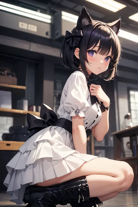 best quality, 32k, RAW photo, incredibly absurdres, extremely detailed, delicate texture, 15 years old, cute girl, cute white dress, expressionless, shy, black-purple wavy messy short hair, black cat ears, black engineer boots, skirt lift and bow nod