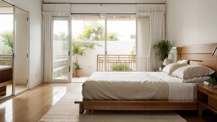 ultra realistic image of a white bedroom, with a bed with raw linen fabric and rug, view of a garden with a plant called guiaimbe. bedside table modern design, wooden bed headboard Glass doors that integrate the environments, photography side of bed archit...