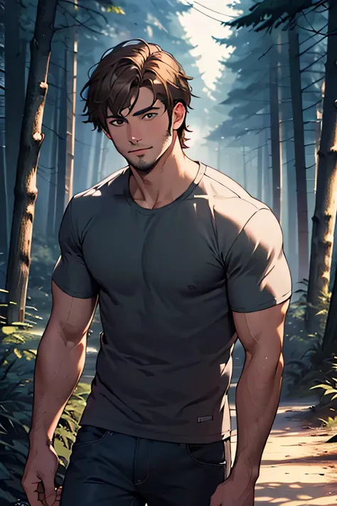 ((best quality)), ((masterpiece)), (detailed), perfect face, young man, male, has shaggy brown hair, hair goes down to his shoulders, has stubble, wearing a t-shirt and pants, background is a dark forest at night