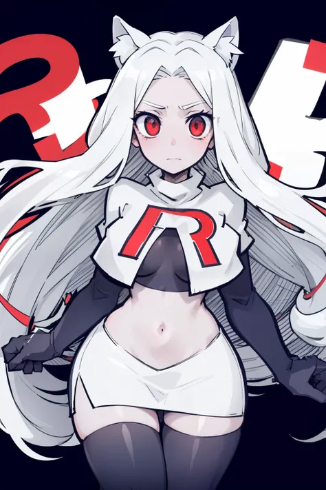 masterpiece, best quality,cerberus the dog girl with trio,red eyes, white hair,team rocket,team rocket uniform,white skirt,red letter R,crop top,black thigh-highs,black elbow gloves, comic strip