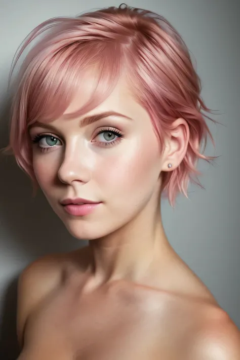 color photograph, close-up, ((a realistic photo of a beautiful short pink hair girl)), (milalc), light, ((glowy skin)), looking_at_viewer, (fit body:1.0), ((medium breasts)), high ponytail, detailed illustration, masterpiece, high quality, realistic, very ...