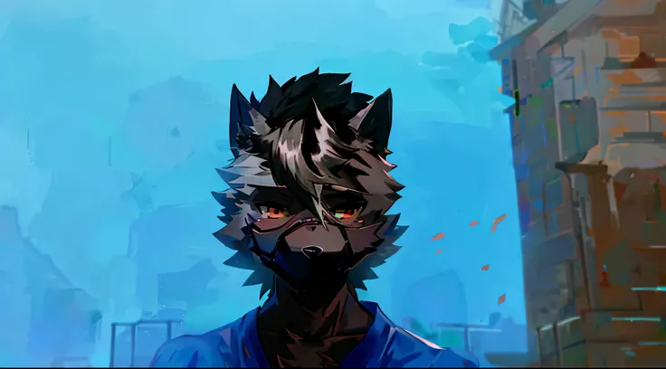 Anime style, boy, wolf mask, dark-skinned boy wearing wolf mask, perfect