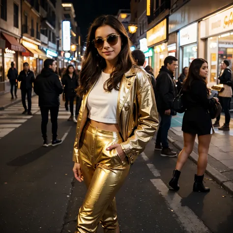 A beautiful Mediterranean girl, dark brown hair, tan skin, cute smile, Striking a pose on a bustling city street during sunset. The golden hour light casts a warm glow, highlighting the outfit. wearing a bold, trendy outfit featuring a statement jacket, pe...