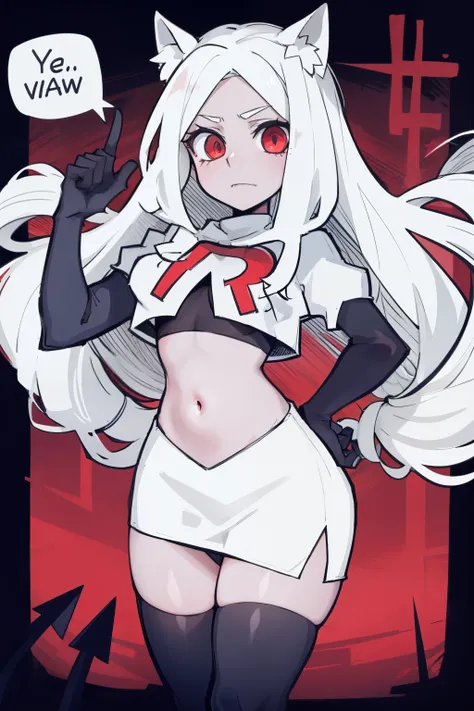 masterpiece, best quality,cerberus the dog girl with trio,red eyes, white hair,team rocket,team rocket uniform,white skirt,red letter R,crop top,black thigh-highs,black elbow gloves, comic strip