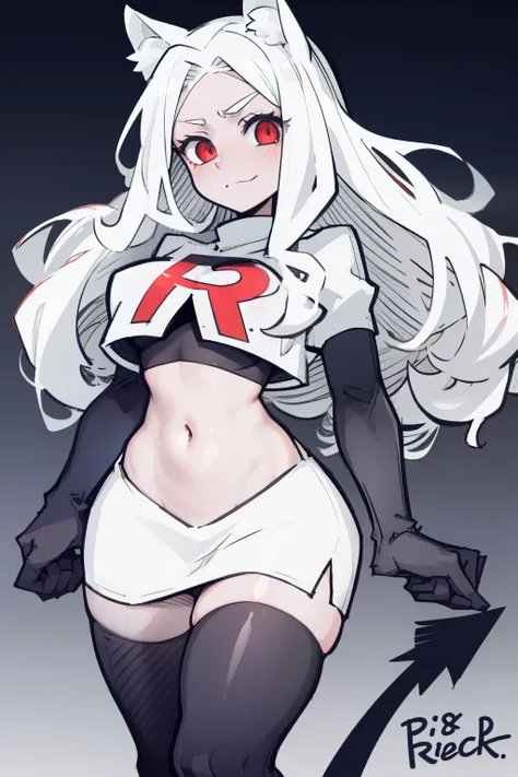 masterpiece, best quality,cerberus the dog girl with trio,red eyes, white hair,team rocket,team rocket uniform,white skirt,red l...