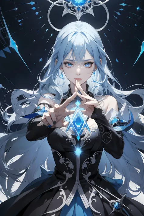 1 girl, mature woman, wavy blue hair, long hair, white skin, blue eyes, Black dress, Finely detailed eyes and detailed faces,Mysticism.,Magic Stone,Sceptre,Skeleton hand around, Very detailed CG unity 8k wallpaper., complicated details, Take a break , Kale...