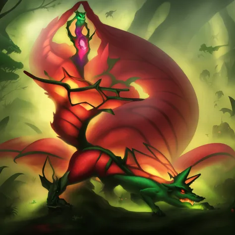 there is a cartoon of a dragon with a green and red tail, full body dragon concept, dragon our species, vegetal dragon cyborg, fusion of species, dragon den art, dragon tail, Arte conceptual oficial, Pokémon Conceptual Mystery, spiritual fantasy concept ar...