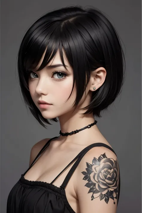 ink art style, cute girl, short hair style