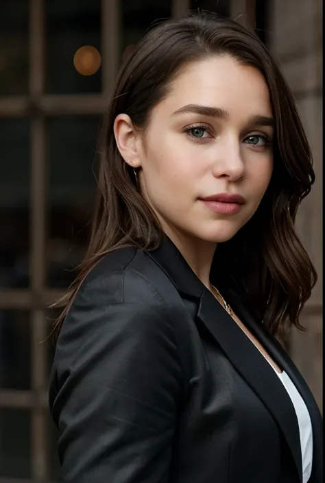 Mature Emilia Clarke, 30 years old, brown hair, european woman, full body in picture, multiple views, zoom out, serious, beautiful, cool, realistic hair, green eyes, discreet pose, european eyes, medium construction, medium round ass, medium long coat, bea...