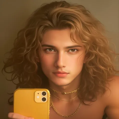 Homem loiro com cabelo comprido tirando uma selfie em um espelho, Corte de cabelo cacheado com parte do meio, com cabelos longos e cacheados, ele tem cabelo castanho curto e encaracolado, xqc, Joe Keery, jovem com cabelos longos, long and messy curly hair,...