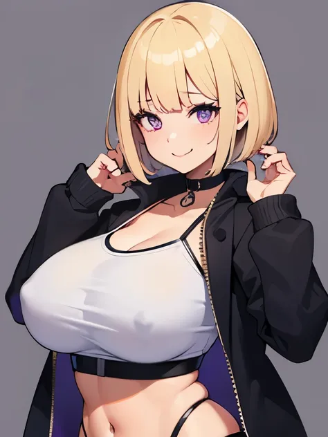 1 girl,blonde hair,bob,Patsun bangs,purple eyes,shaped pupils,big breasts,big breasts,cute,smile,Happy,heavy breathing,trembling,put your hand on your face,crop top,Do not wear a jacket,choker