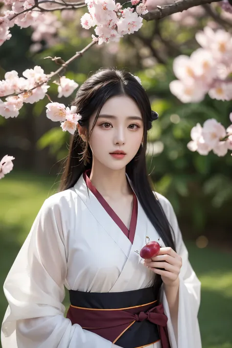 A 20-year-old Chinese girl，Gorgeous Hanfu，garden background，black hair，Beautiful facial lighting，a ray of light，Suitable chest，Plum blossom background，Look at the lens head-on