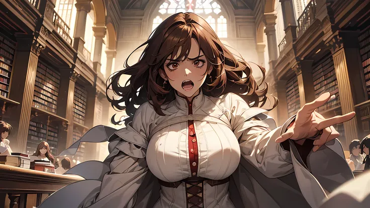 best quality, highres, realistic, real person, A woman in a library, screaming in anger. The woman is very expressive, showing intense anger and shock, beautiful girl, thick brown hair, brown eyes, plump lips, face detailed, Clear facial expressions，Detail...