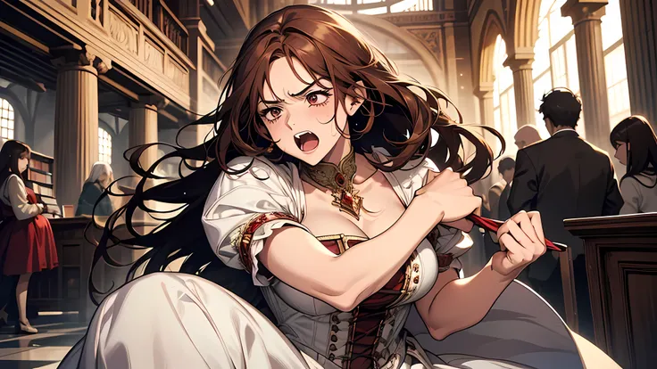 best quality, highres, realistic, real person, A woman in a library, screaming in anger. The woman is very expressive, showing intense anger and shock, beautiful girl, thick brown hair, brown eyes, plump lips, face detailed, Clear facial expressions，Detail...