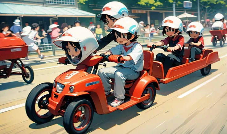 small tricycle、Kindergarten children riding、3 year olds、5-people、Feeling of sprinting、race