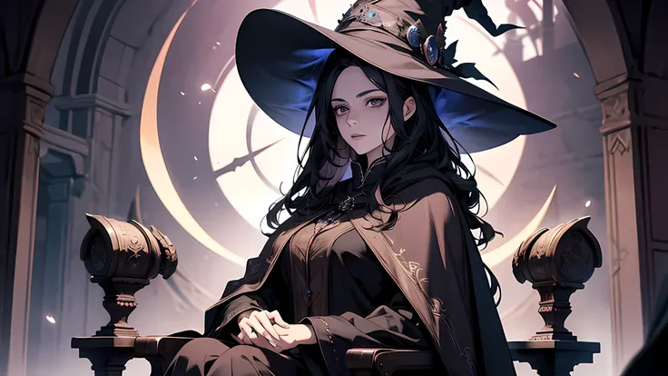 Witch in hat and cloak, female mage, sitting in chair, epic exquisite character art, thick black hair, calm face, detailed face, plum lips