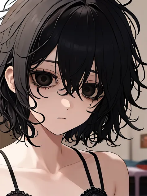 1girl, black hair, messy hair, bedhead, bed hair, short hair, eye bags, close up, looking tired, bra, bedroom, looking at viewer