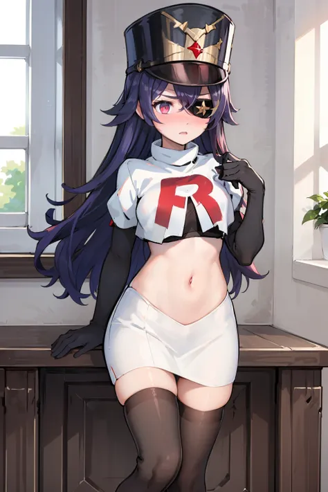 ((masterpiece,best quality)), 1girl, chevreuse, shako cap, eyepatch, blush, team rocket,team rocket uniform,white skirt,red letter R,crop top,black thigh-highs,black elbow gloves, embarrassed, blush