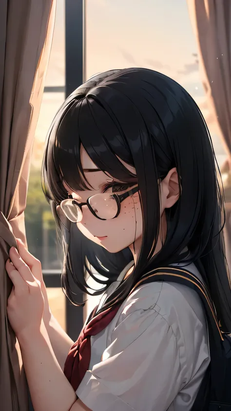 (((1 girl)))、13 years old、Middle school students２grade、sailor suit、black tights、low length、(((((long bangs hide the eyes:1.2)))))、((freckles))、((((long black hair:1.2))))　(((black rim glasses:1.2　black eye)))（(From the side、Upper body、looking here))、classr...