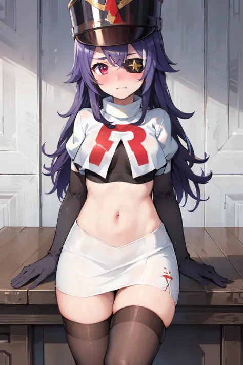 ((masterpiece,best quality)), 1girl, chevreuse, shako cap, eyepatch, blush, team rocket,team rocket uniform,white skirt,red letter R,crop top,black thigh-highs,black elbow gloves, embarrassed, blush