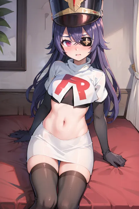 ((masterpiece,best quality)), 1girl, chevreuse, shako cap, eyepatch, blush, team rocket,team rocket uniform,white skirt,red letter R,crop top,black thigh-highs,black elbow gloves, embarrassed, blush