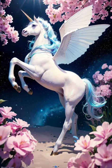 best quality, 32k, RAW photo, incredibly absurdres, extremely detailed, delicate texture, beautiful and fantastic drawings, glittering effects, fantasy, beautiful iridescent unicorns, background heaven, flowers, galaxy, delicate, flashy and dynamic depicti...