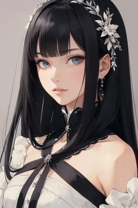 ((best quality)), ((masterpiece)), (detailed), lady, perfect face, long hair, black hair, hime cut hairstyle, grey eyes