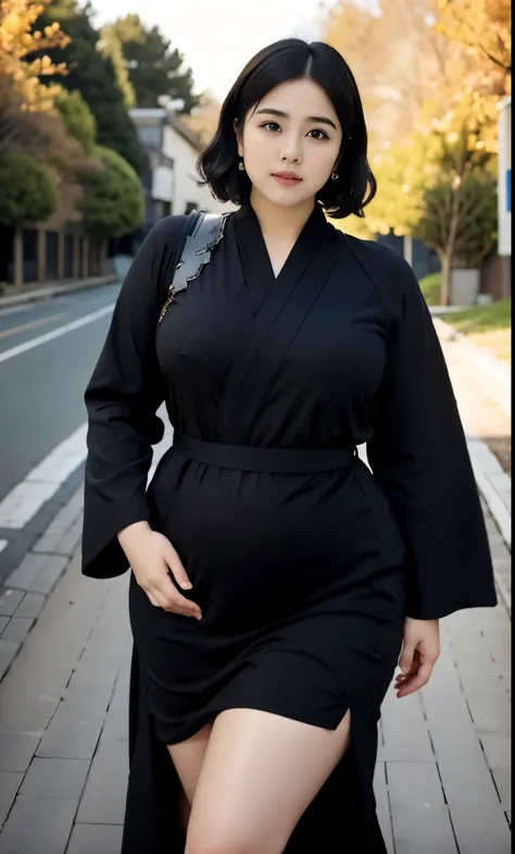 arafed woman in a black-blue dress outfit Stand on a sidewalk, wave short haircut, thicc, , korean woman, wearing black robe, asian woman, bbwchan, photograph of a techwear woman, hijab, wearing a black robe, woman in black robes, random pose, wearing dark...