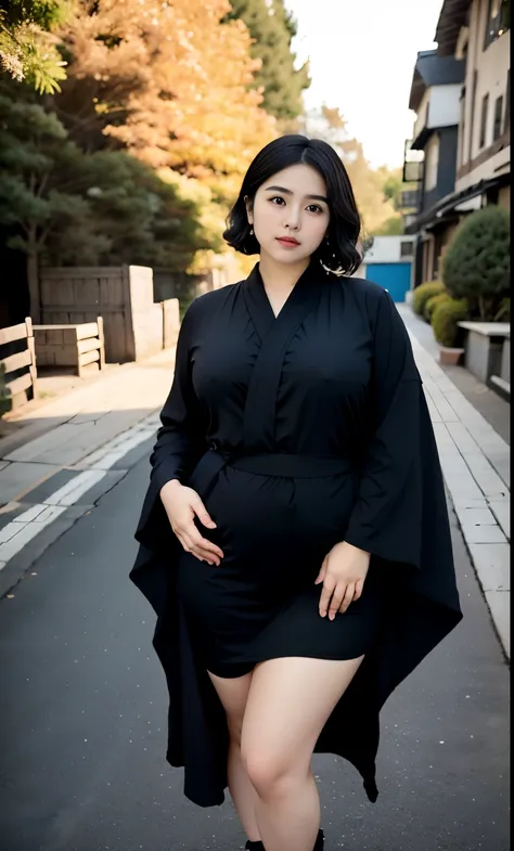 arafed woman in a black-blue dress outfit Stand on a sidewalk, wave short haircut, thicc, , korean woman, wearing black robe, asian woman, bbwchan, photograph of a techwear woman, hijab, wearing a black robe, woman in black robes, random pose, wearing dark...