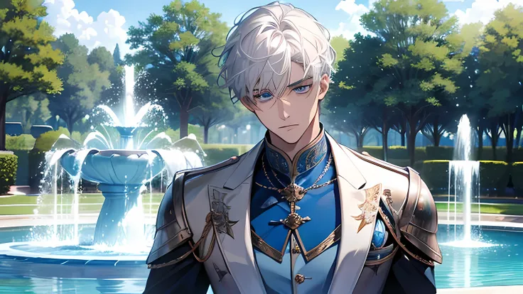 male people、Refreshing、knight, handsome face, top-quality、white hair、light blue eyes、blue-sky、The fountain、a park, bored face