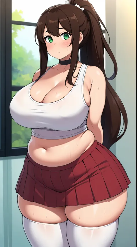 ((highres)), Masterpiece, high quality, best quality, beautiful, perfect lighting, detailed face, ultra cute face, looking at viewer, (((1girl))), (((solo))), long hair, fluffy hair, brown hair, ponytail, green eyes, ((blush)), white tank top, short red pl...