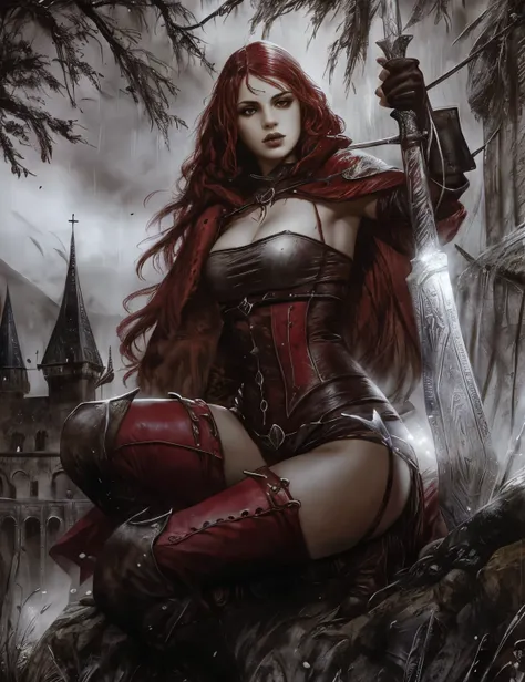 uma mulher com uma roupa vermelha e preta segurando uma espada, senhora de armadura vermelha, gothic fantasy art, beautiful assa...