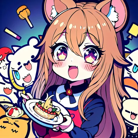 anime girl holding a plate of food in front of a group of cats, anime moe art style, eating a cake, zerochan art, cute anime cat...